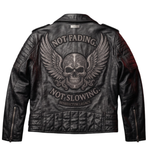 Leather jacket with skull and wings.